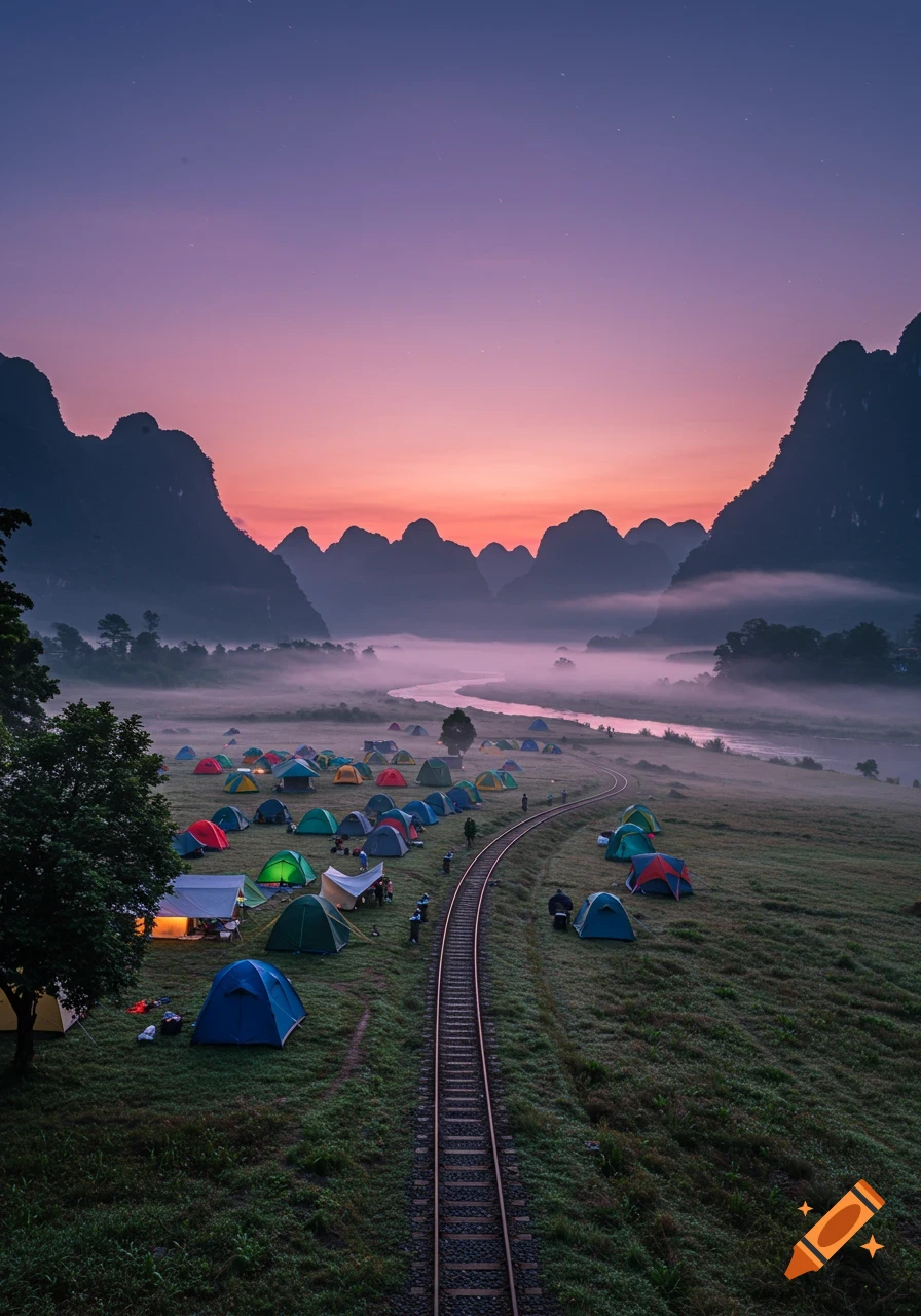 A misty morning in a valley with colorful tents, a winding river, and train tracks surrounded by mountains under a pink and purple sky.