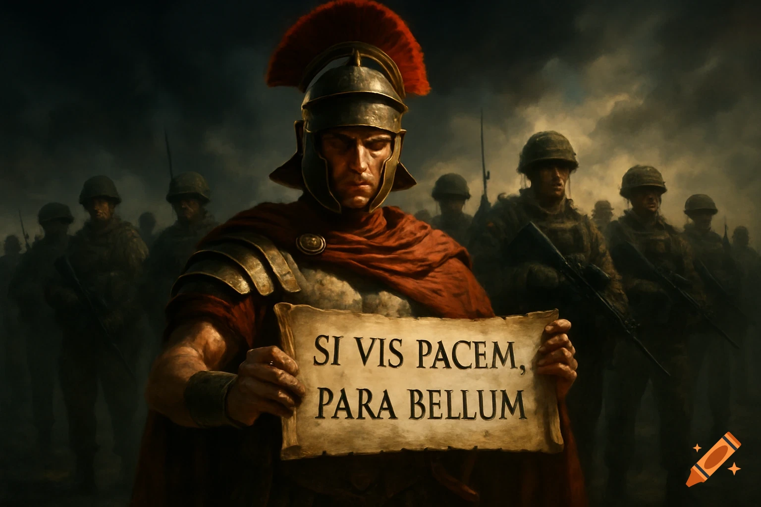 A Roman soldier holds a scroll that reads 'Si vis pacem, para bellum' in front of a modern army, in a dramatic, cinematic style.