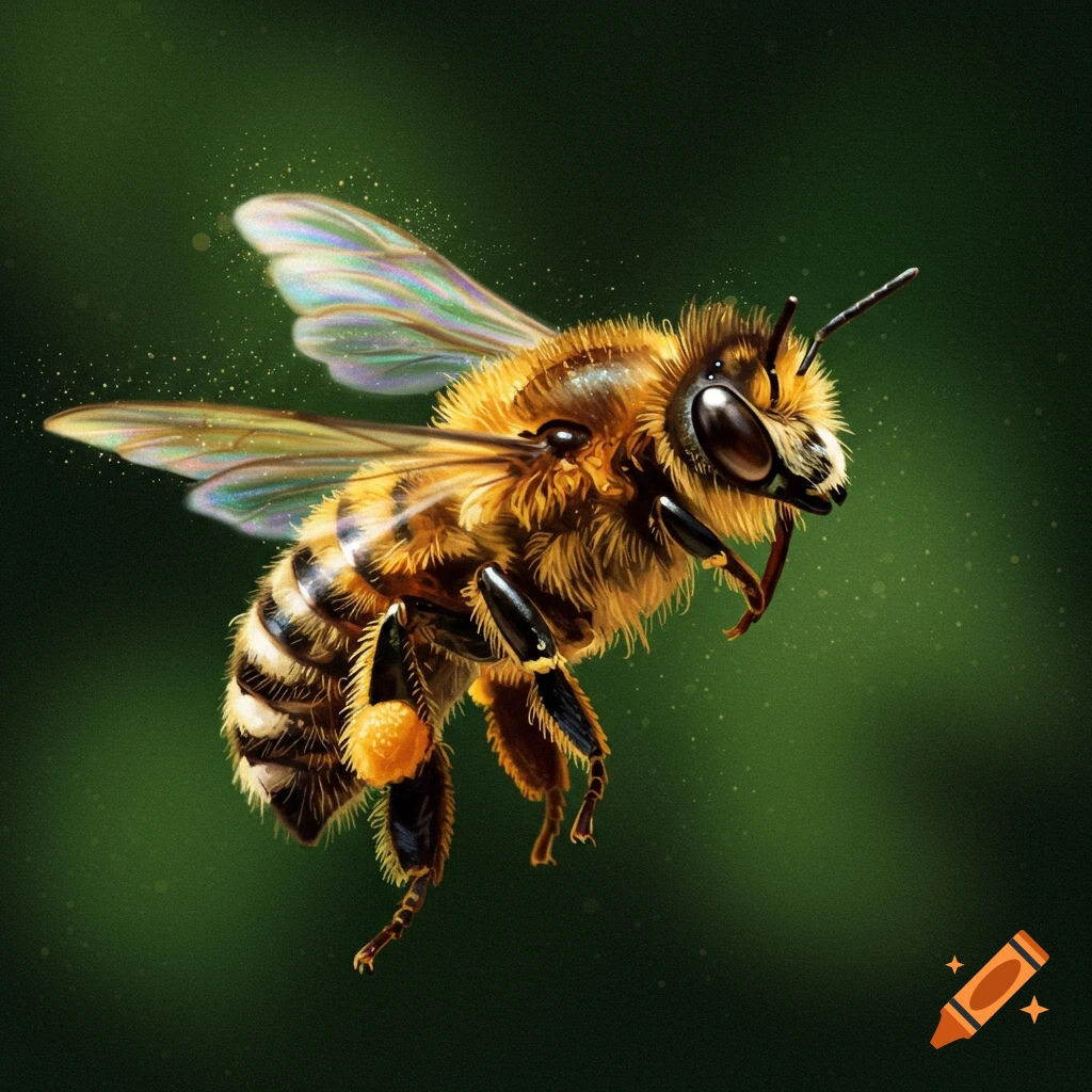 A highly detailed close-up of a honey bee in flight, with iridescent wings and pollen sacs on its legs, against a blurred green background.