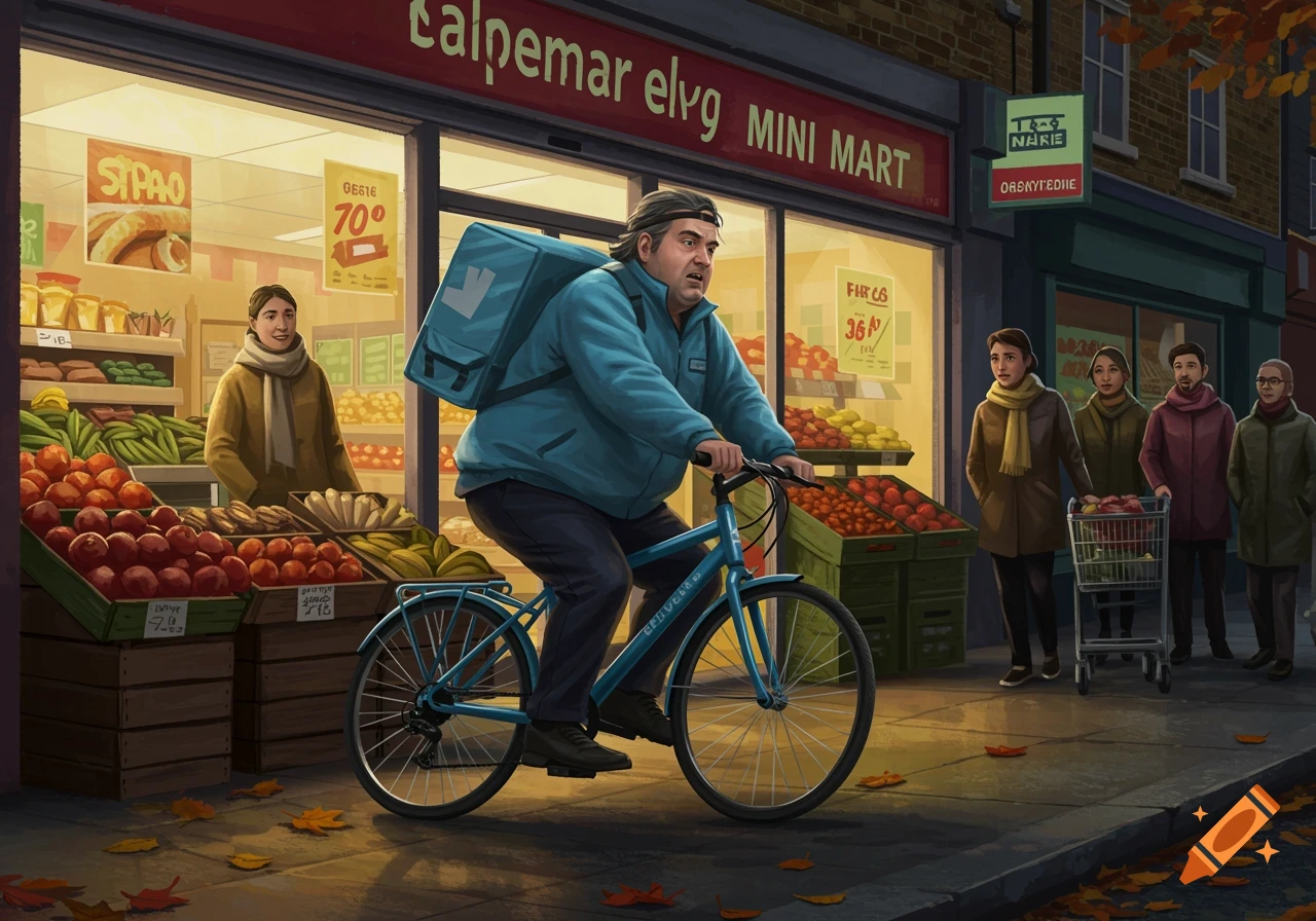 Illustration of an overweight man on a blue Deliveroo bike outside a mini-mart with people and fruit stands.