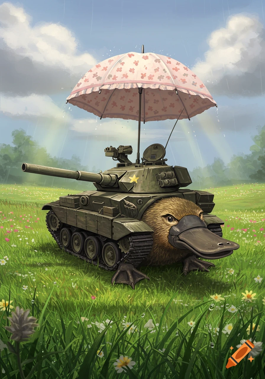 A whimsical illustration of a platypus-headed tank with a pink floral umbrella in a green field under light rain and sunbeams.