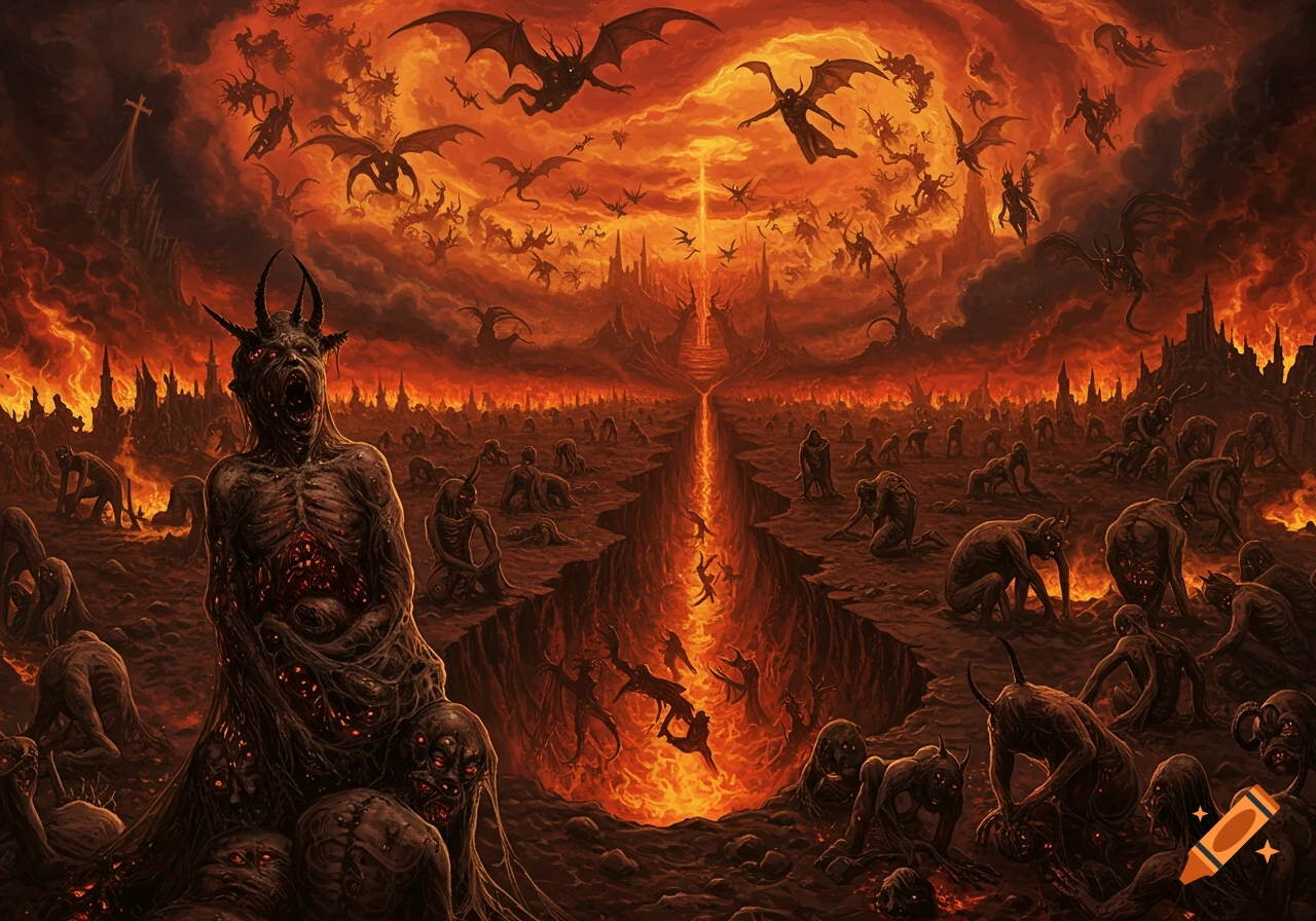 A dark and fiery depiction of Hell with a towering horned demon, winged creatures in the sky, and countless tormented figures across a desolate landscape.