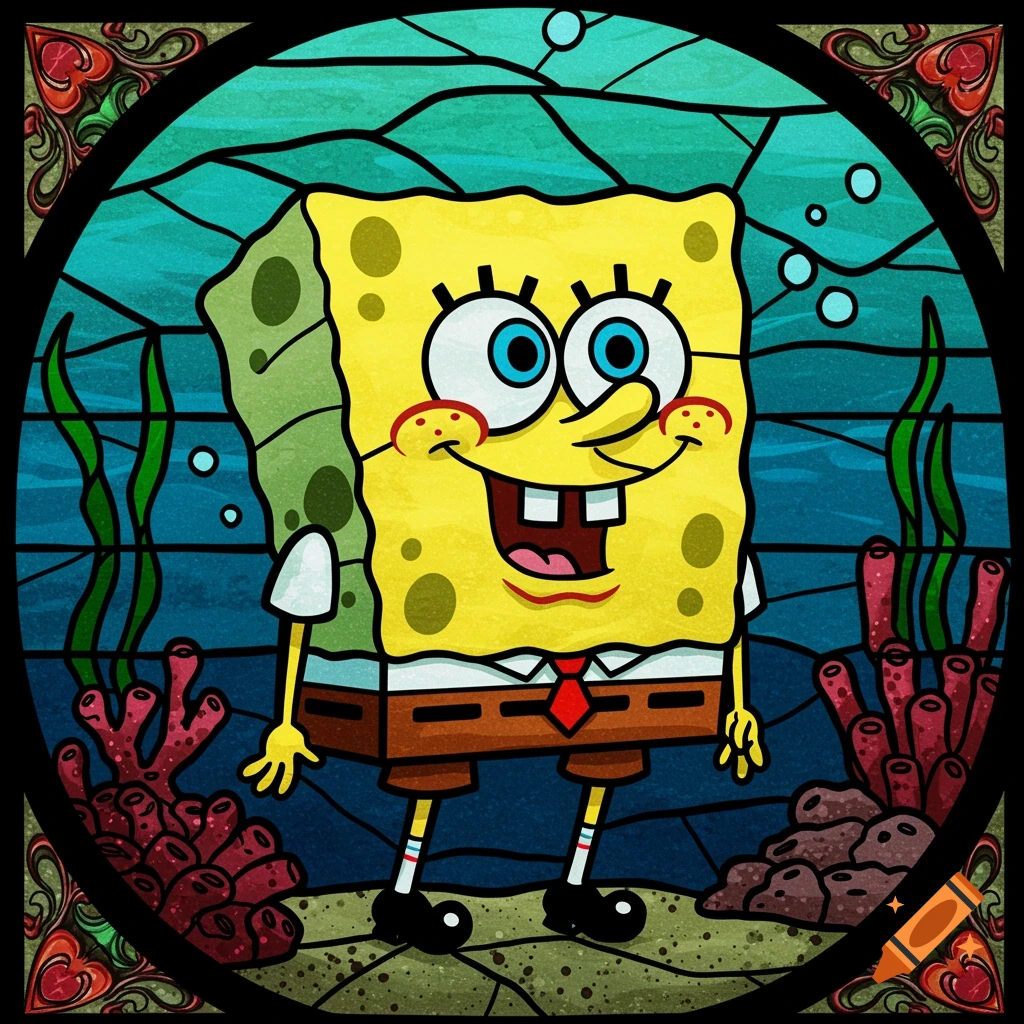 Spongebob Squarepants depicted in a vibrant stained glass style, showing him underwater with coral and seaweed.