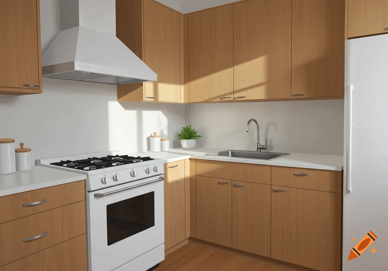 A modern kitchen with light wood cabinets, white countertops, and white appliances including a stove, range hood, sink, and refrigerator.