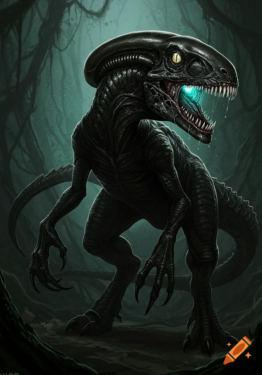 A dark, highly detailed creature resembling a blend of a Xenomorph and a Velociraptor, with glowing blue light in its mouth, stands in a dark, overgrown forest.