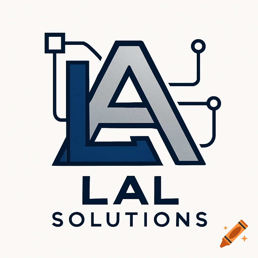 A stylized logo featuring the letters 'LA' in blue and grey with circuit lines, above the text 'LAL SOLUTIONS' in dark blue.