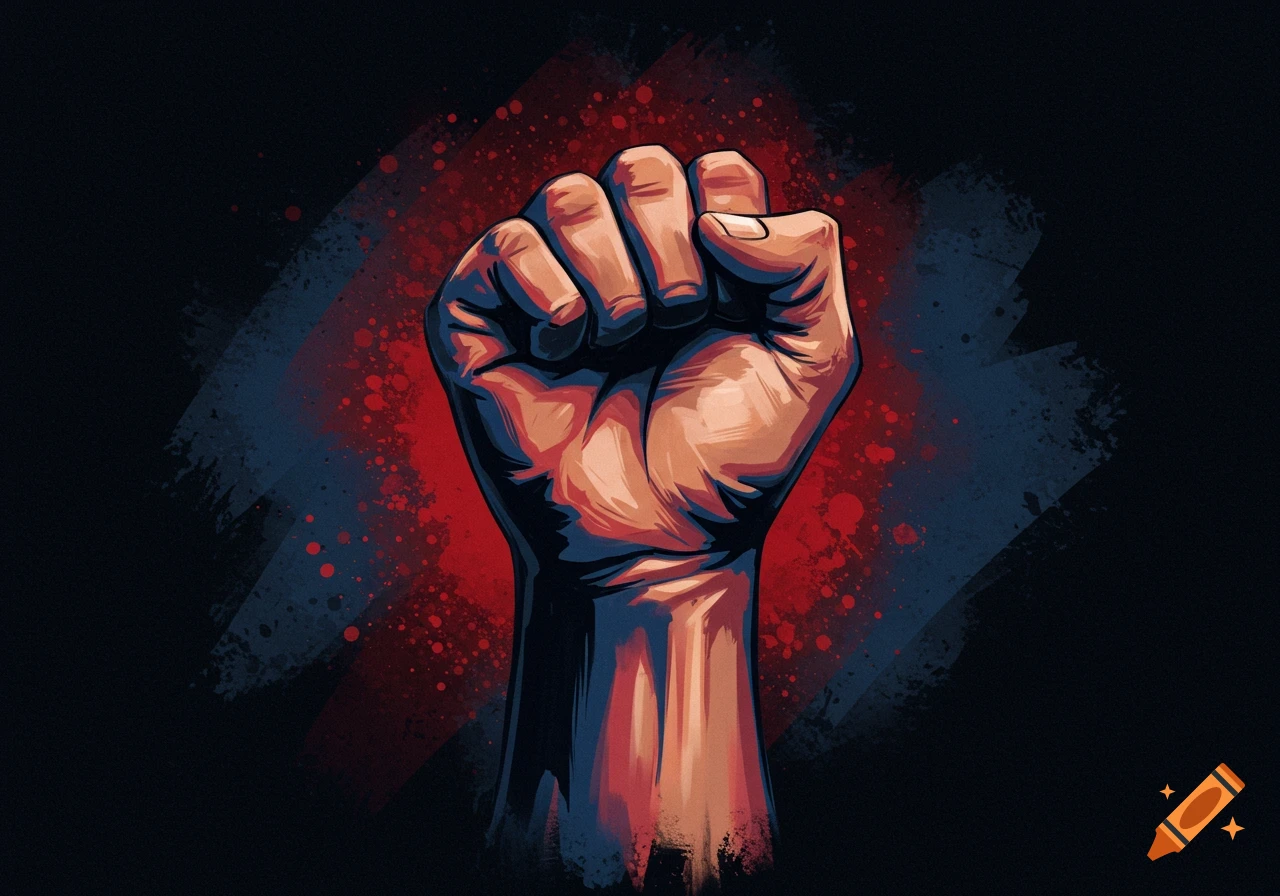 A stylized illustration of a raised clenched fist against a dark background with red and blue paint splatters.