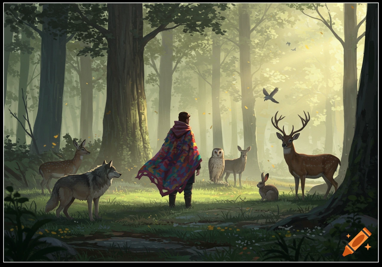 A person wearing a colorful cloak stands in a sunlit forest clearing, surrounded by a wolf, deer, owl, and rabbit.