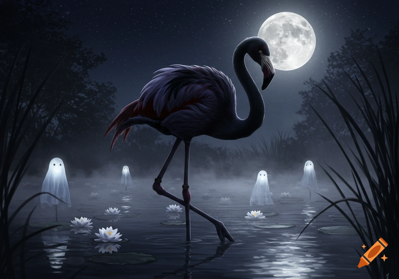 A dark flamingo stands in a moonlit pond surrounded by lily pads and small, glowing sheet ghosts.