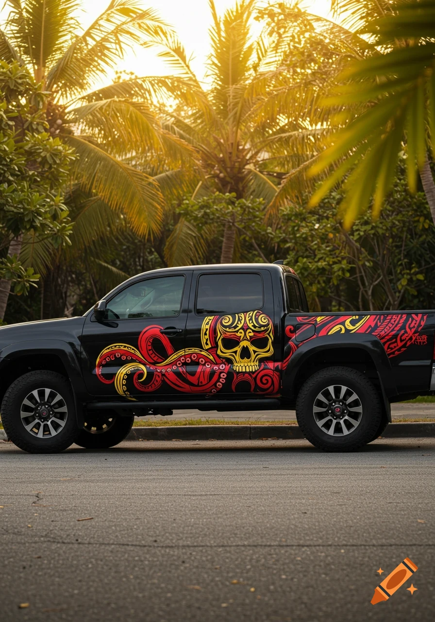 A black Toyota Tacoma truck with a large red and yellow tribal octopus skull decal on its side, parked on a street with palm trees in the golden light of sunset.