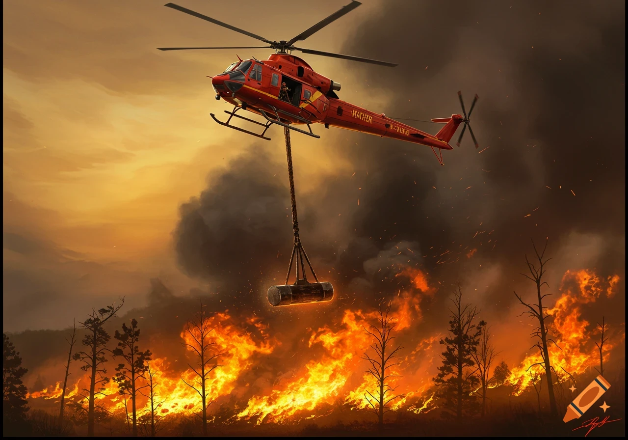 A red firefighting helicopter drops a large hammer over a raging wildfire with trees ablaze and thick smoke under an orange sky, digital art.