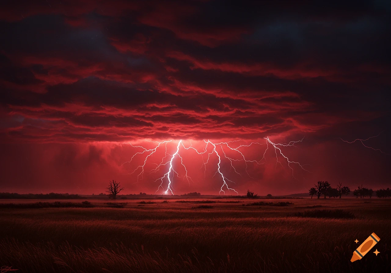 A vast field under a dramatic dark red stormy sky illuminated by multiple bright lightning strikes.