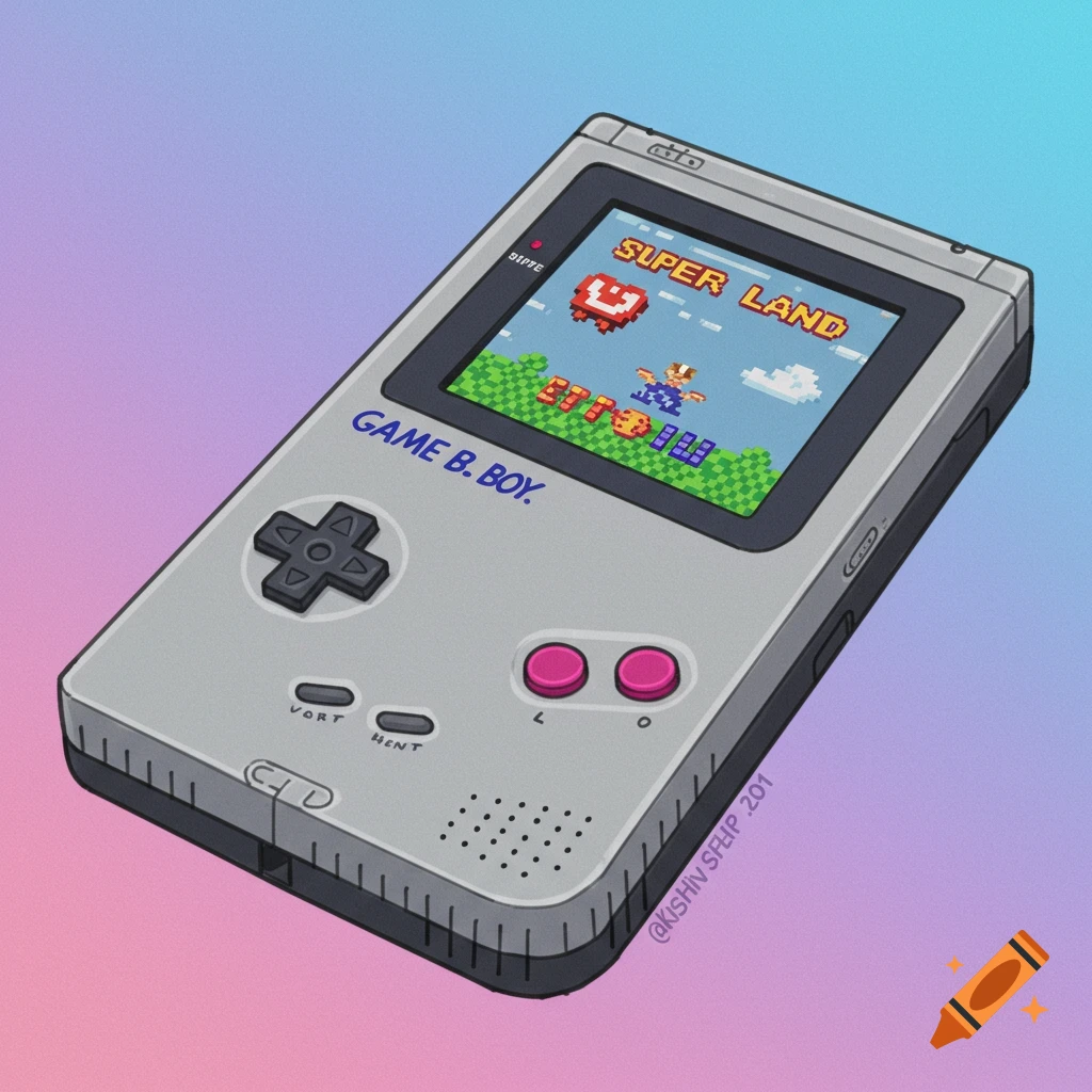 An illustration of a classic grey Game Boy handheld console with a pixel art game called 'SUPER LAND' on its screen. The console has pink buttons and a directional pad.