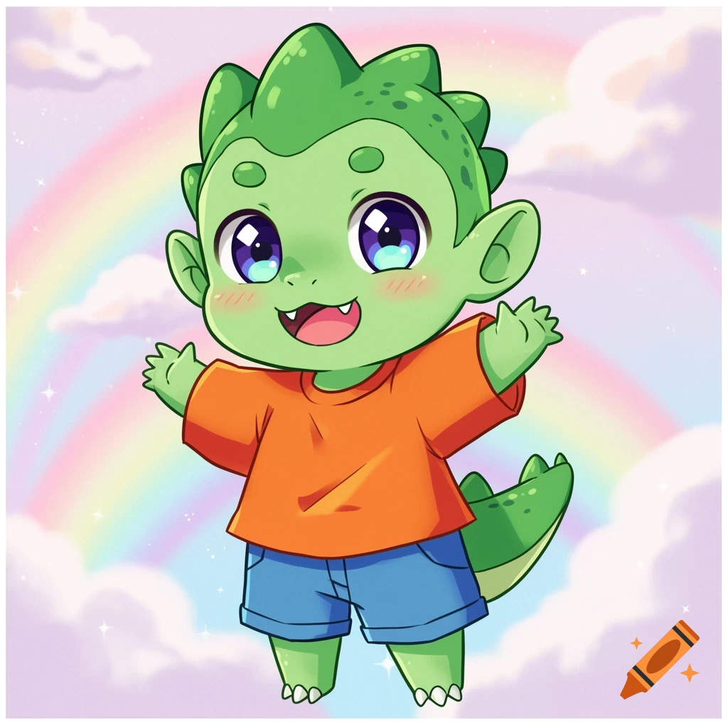 A cute green chibi dinosaur boy with big eyes, wearing an orange shirt and blue shorts, in an anime style with a rainbow background.