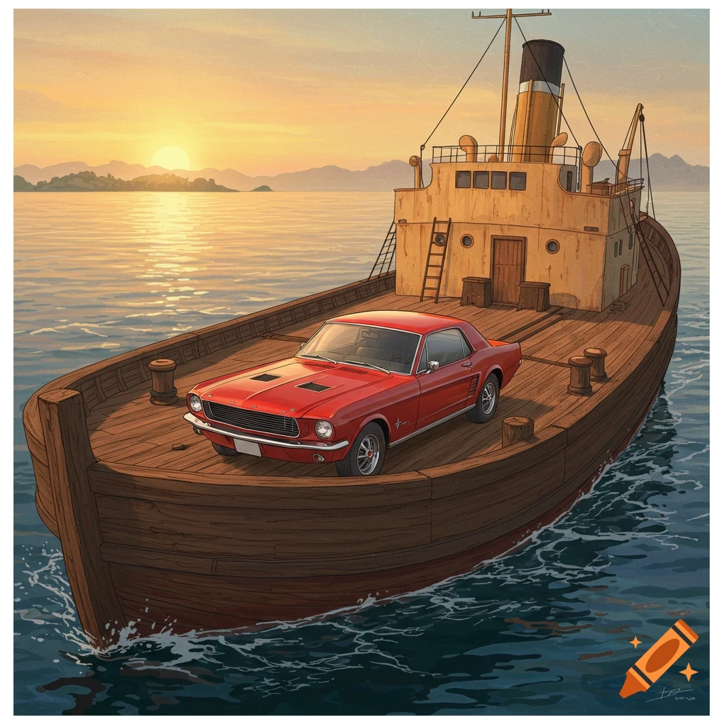 A red classic car, resembling a Ford Mustang, sits on the wooden deck of an old tugboat, sailing on calm water towards a sunset over distant mountains. The art style is a detailed illustration.