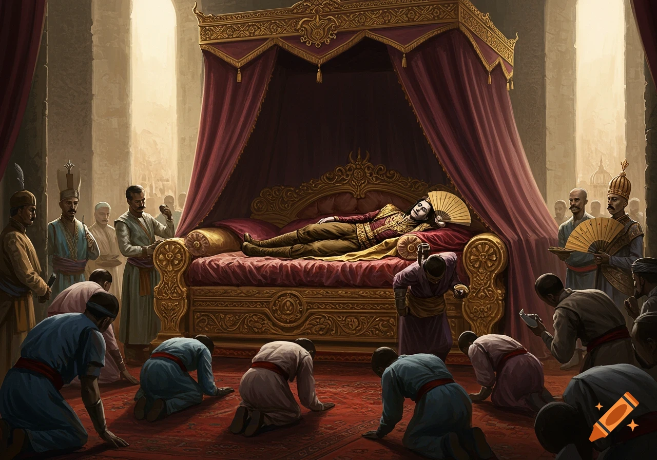 A regal, cruel-looking prince lounges on a lavish canopy bed while his subjects bow before him on a red carpet in a grand hall, attended by servants.