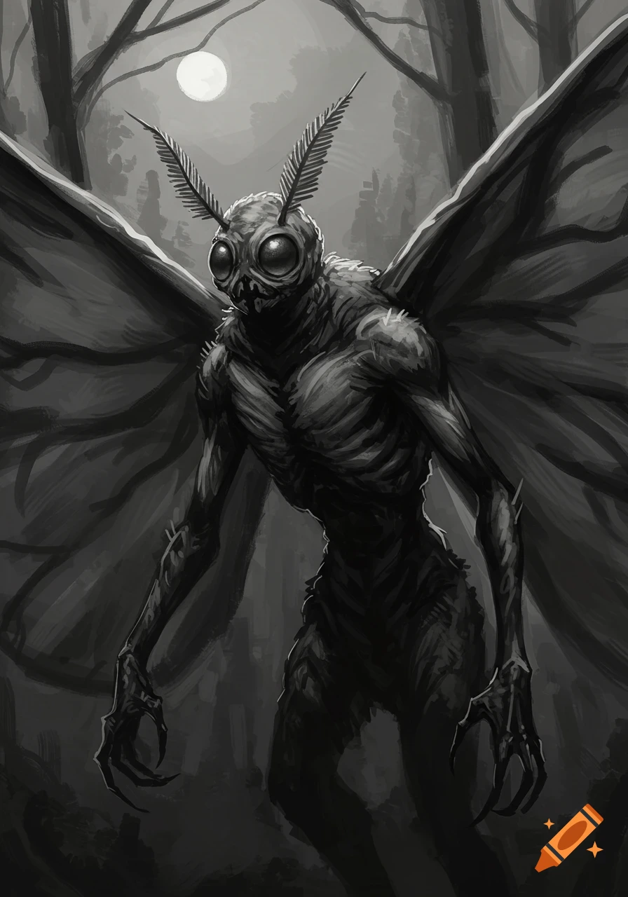 A detailed sketch depicts the Mothman, a large, winged, insectoid creature with prominent eyes, standing in a dark forest under a full moon.