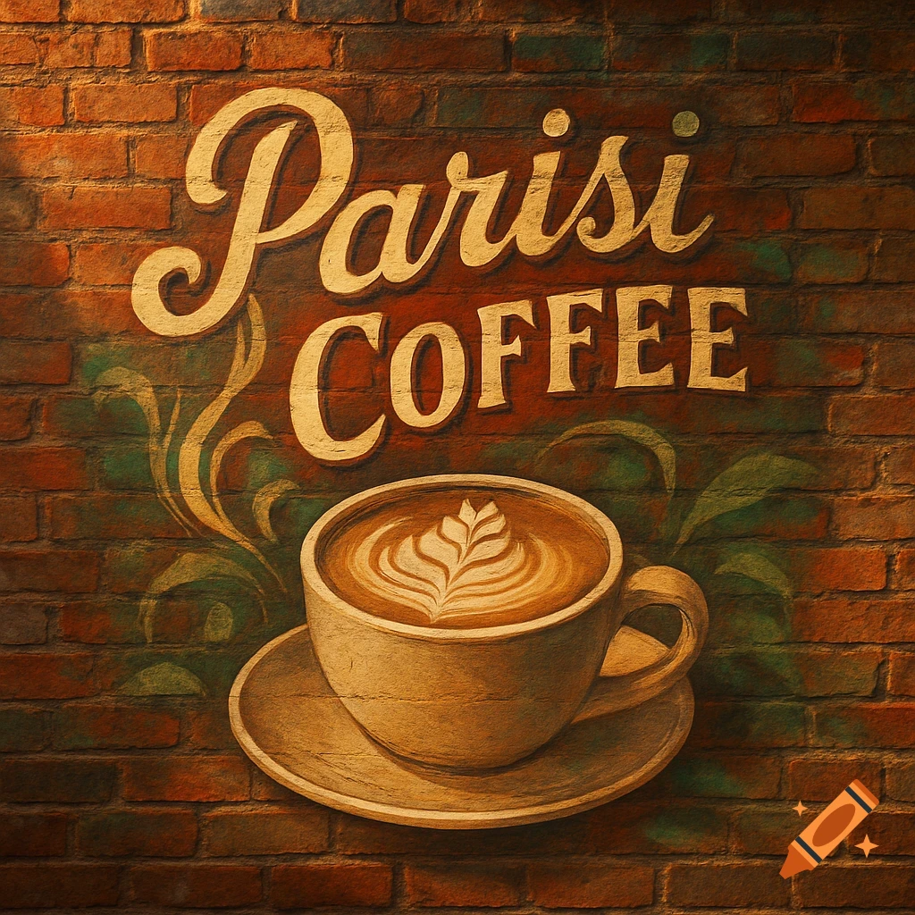 A painted mural on a brick wall featuring a coffee cup with latte art and the text 'Parisi Coffee'.