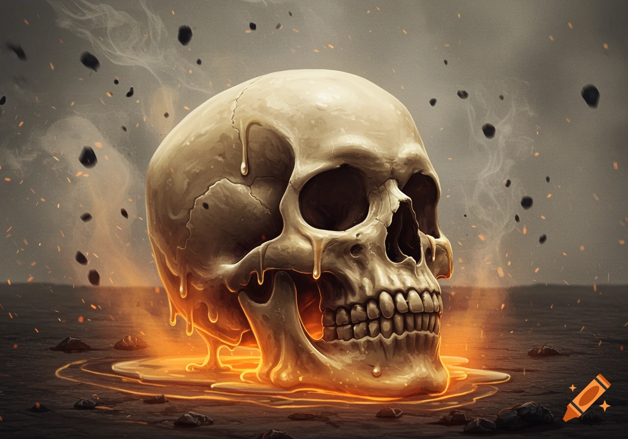 A detailed illustration of a skull melting into a glowing golden liquid with smoke and debris in a dark, desolate landscape.
