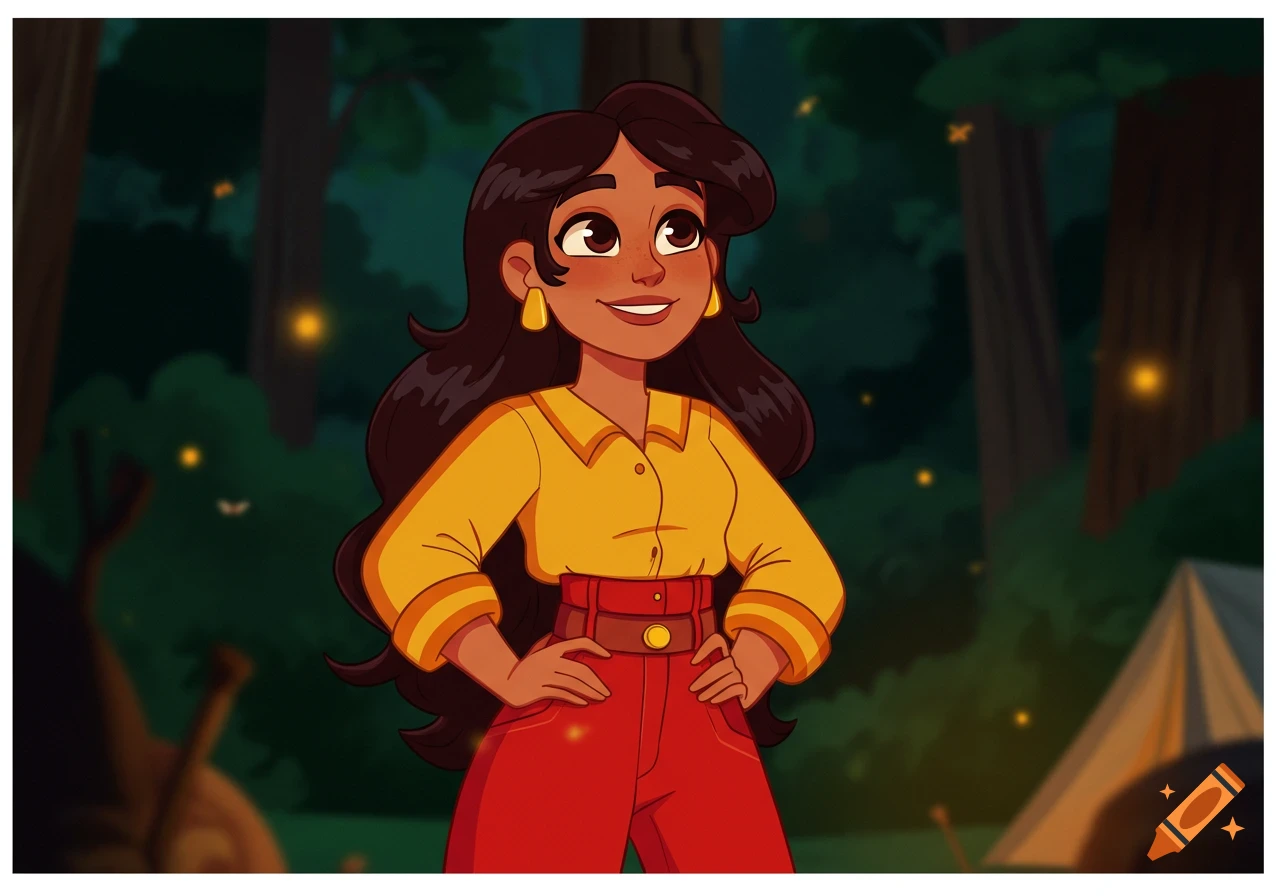 A smiling cartoon woman with dark hair, wearing a yellow shirt and red pants, stands in a dark forest with glowing fireflies and a tent in the background.