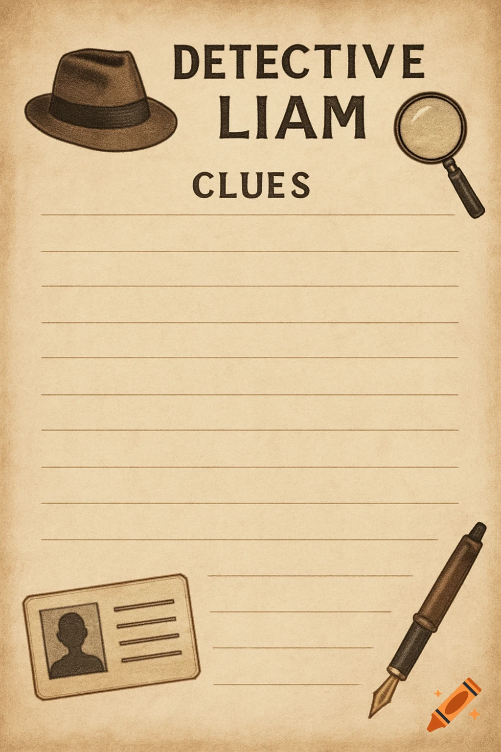 A vintage-style blank detective clue page with 'DETECTIVE LIAM CLUES' text, featuring a fedora, magnifying glass, ID card, and fountain pen on a lined paper background.