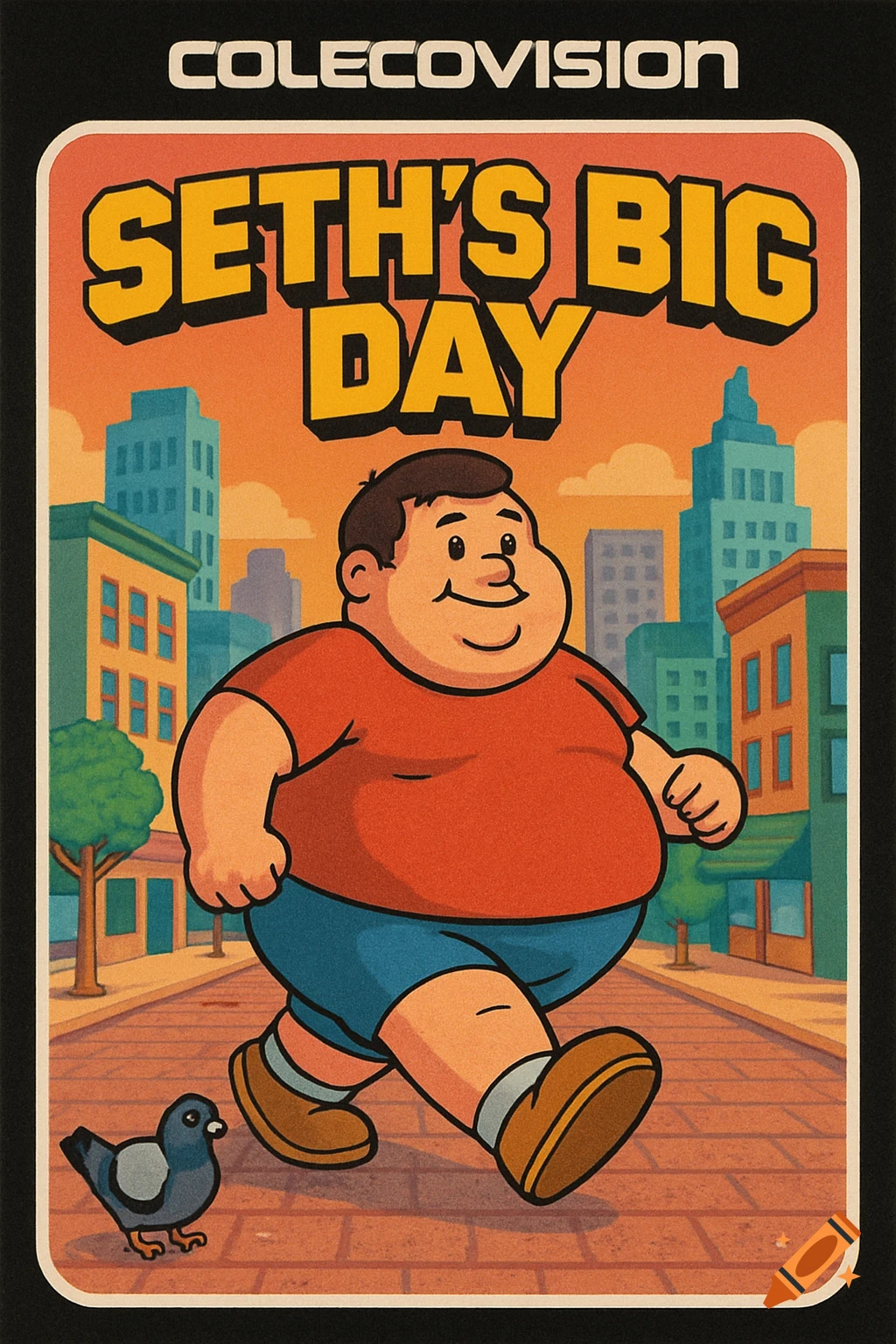 A vintage-style game cover featuring an obese cartoon man walking on a city sidewalk with a pigeon. The title reads "SETH'S BIG DAY" and "COLECOVISION".