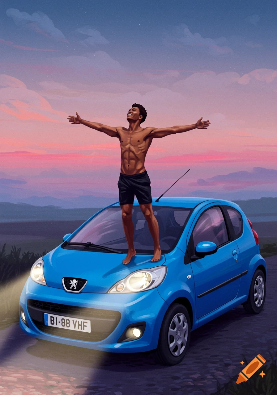 An illustration of a shirtless man standing on the hood of a blue Peugeot 107 car at sunset.