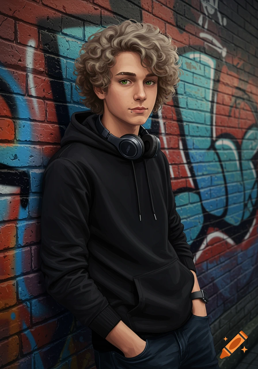 A young man with curly ash-blonde hair and green eyes, wearing a black hoodie and dark jeans, leans against a graffiti-covered brick wall.