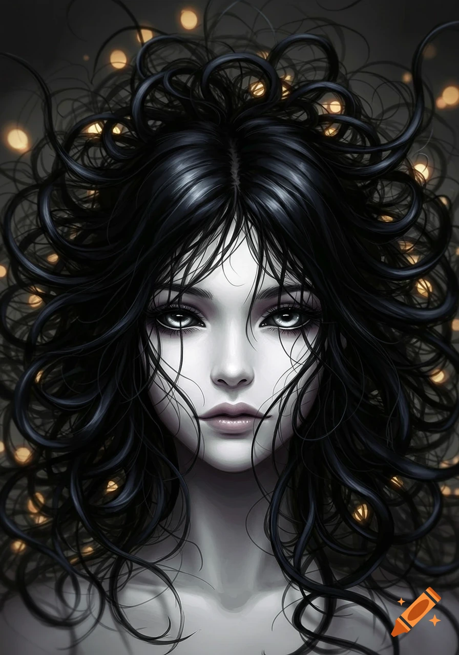Close-up anime-style portrait of a pale woman with large light eyes and abundant, dark, tangled hair against a dark background with soft golden lights.