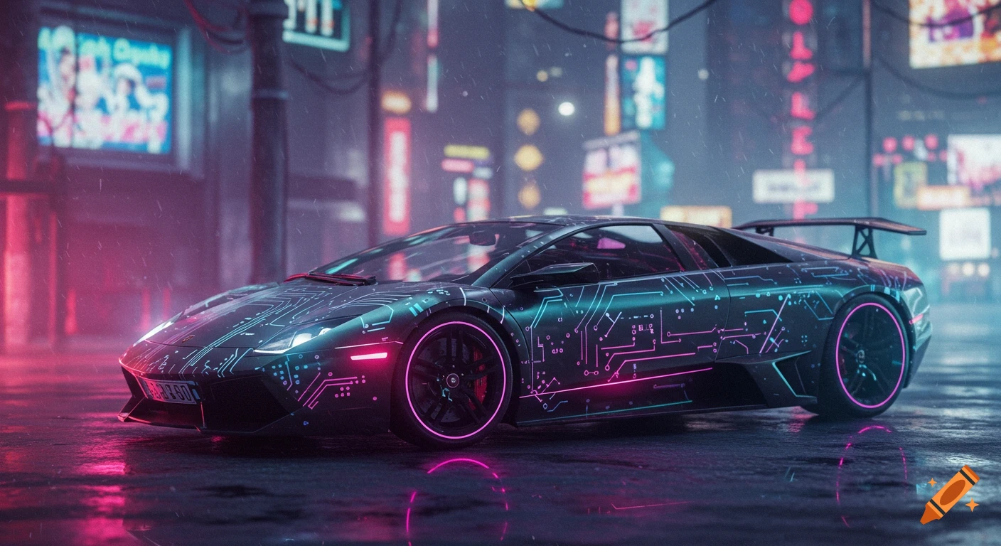 A black Lamborghini with glowing cyan and magenta circuit patterns sits on a wet cyberpunk street at night, illuminated by neon city lights.