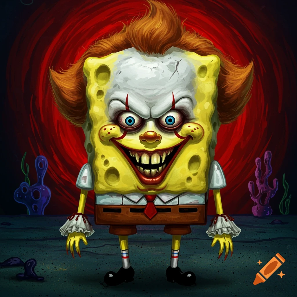 SpongeBob SquarePants dressed as Pennywise the clown, with creepy white face paint, orange hair, sharp teeth, and blue eyes.
