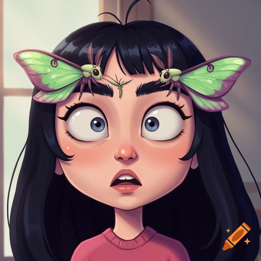 A wide-eyed cartoon girl with black hair and a pink shirt has two green moths and a stick insect on her eyebrows.