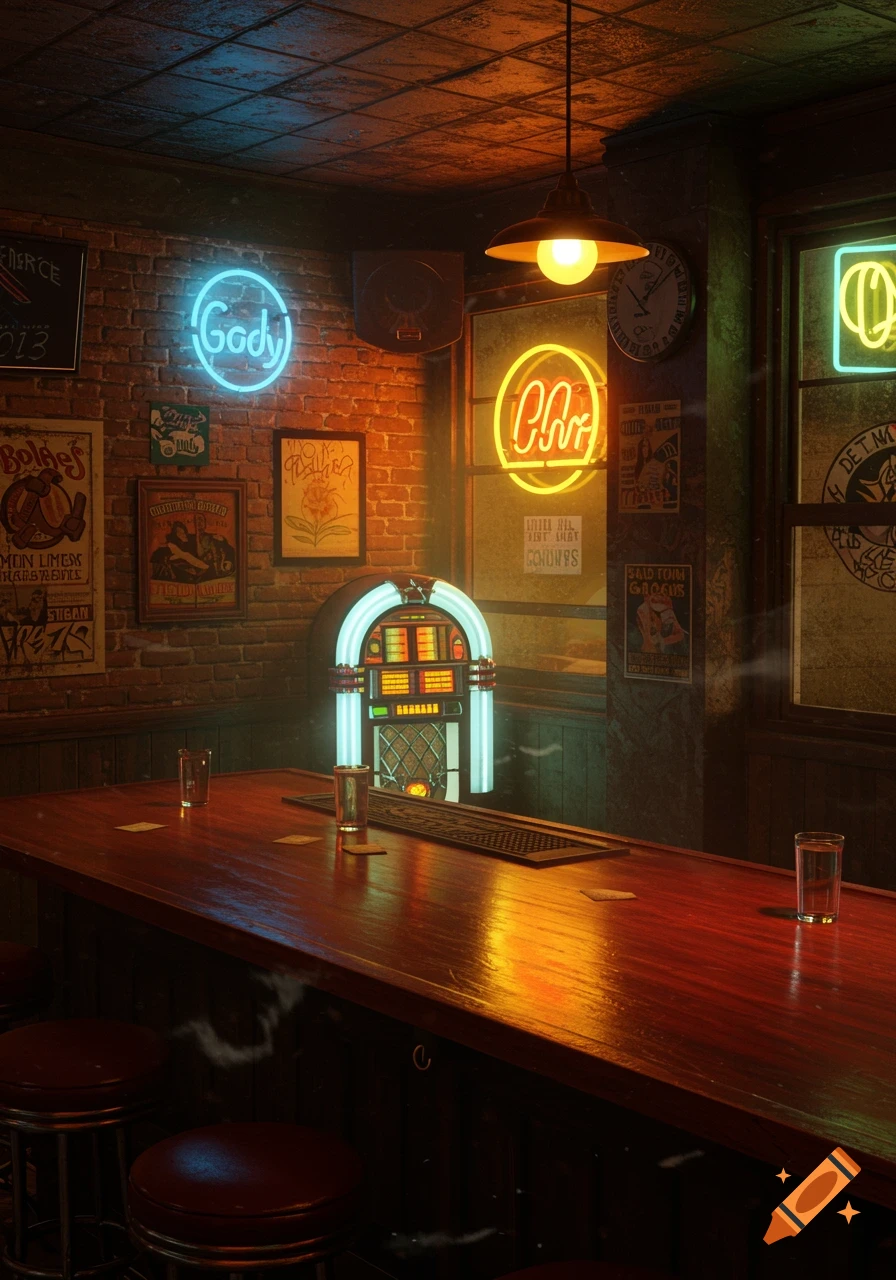 A dimly lit bar interior with a wooden counter, bar stools, a vintage jukebox, and glowing neon signs on a brick wall.