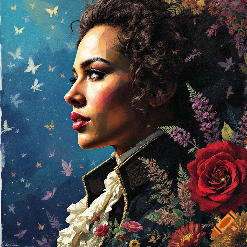 Profile portrait of a woman in an artistic, painterly style, surrounded by vibrant flowers and butterflies on a blue background.