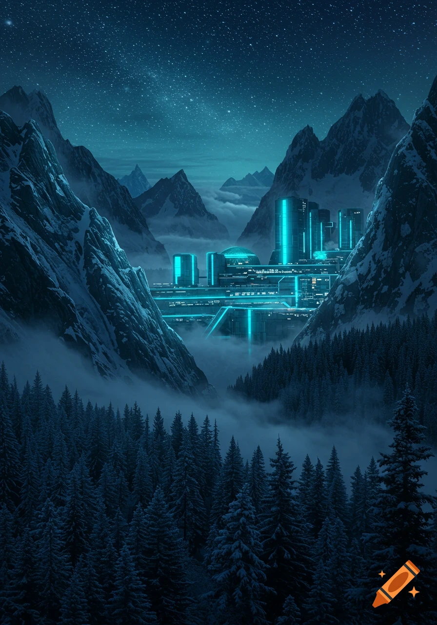 A futuristic city with glowing blue lights nestled in a snowy mountain valley under a starry night sky, surrounded by dense pine forests.