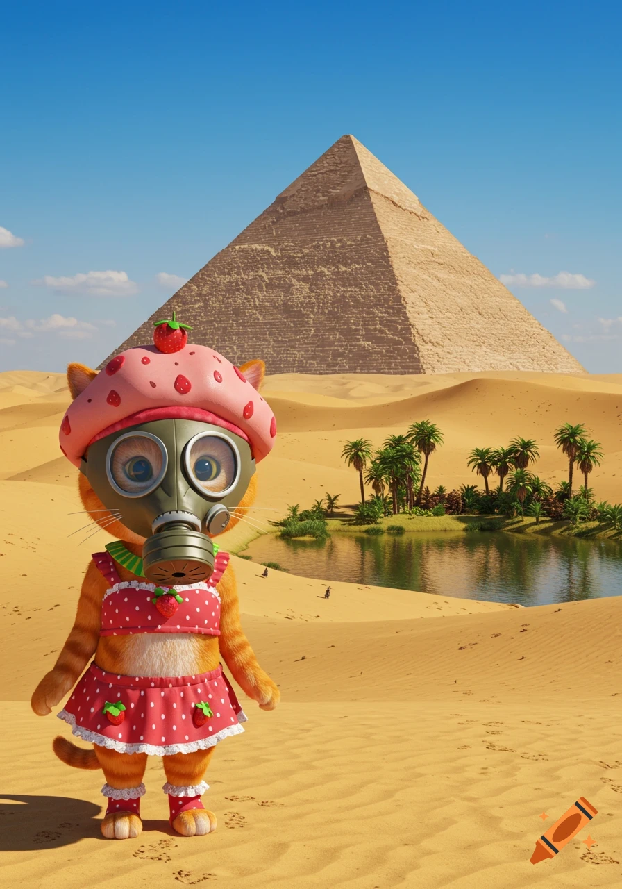 A cartoon orange cat wearing a strawberry-themed dress, beret, and gas mask stands in a desert with a pyramid and oasis in the background.