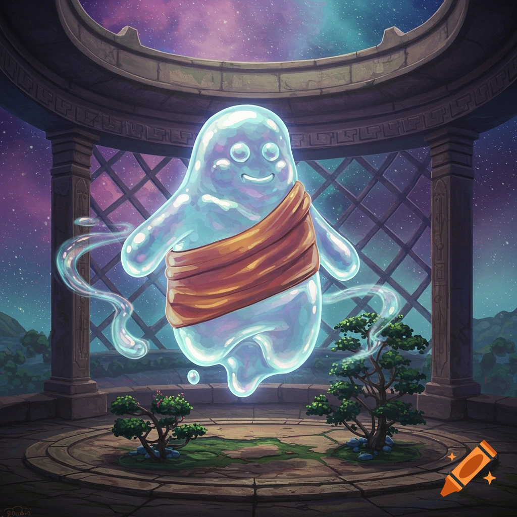 A cute, translucent blue blob-like monk floats in an ancient stone ruin under a starry cosmic sky, with bonsai trees.