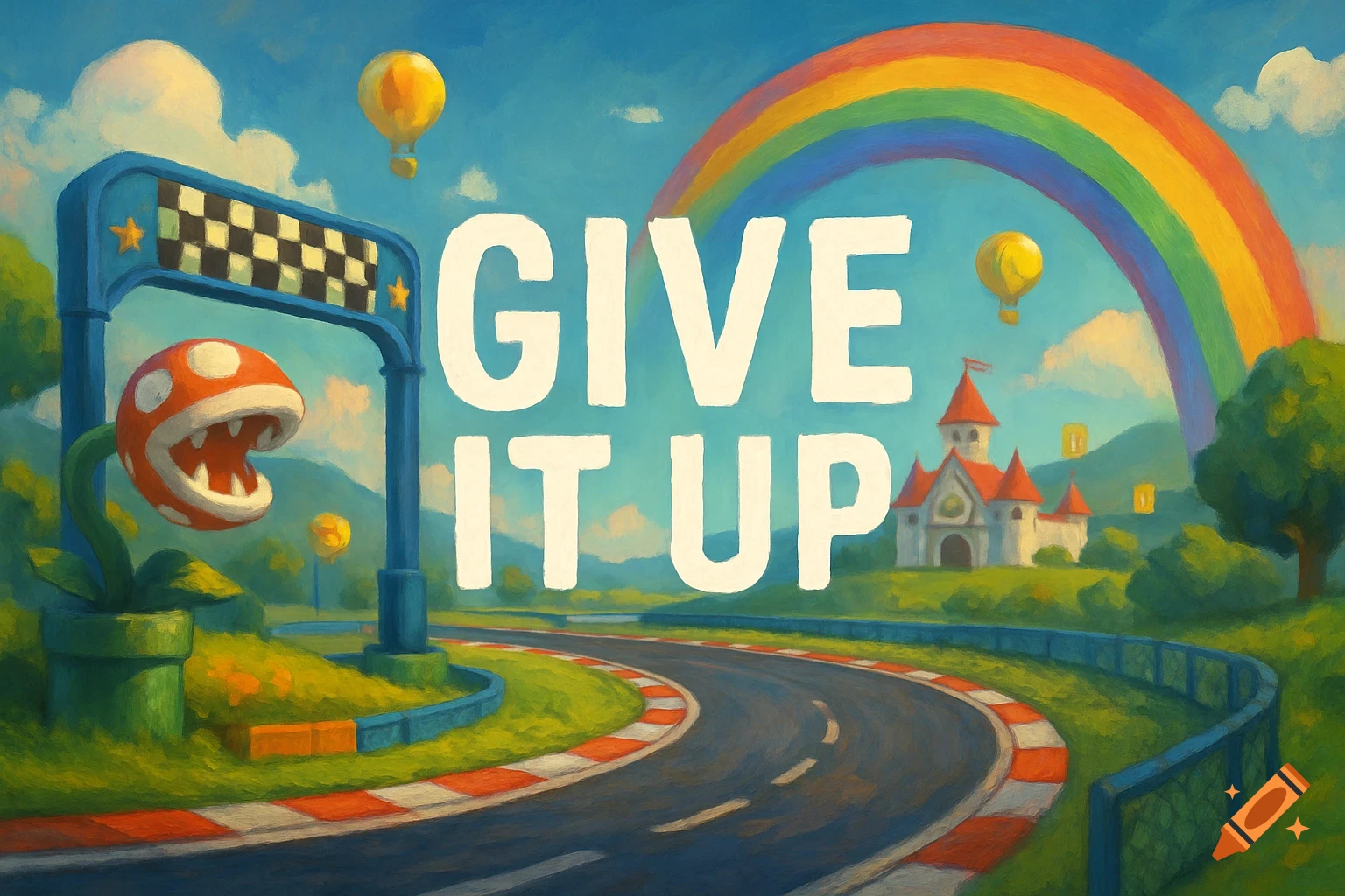 Painterly Mario Kart-style race track with a Piranha Plant, finish line, castle, rainbow, and hot air balloons. Text reads 'GIVE IT UP'.