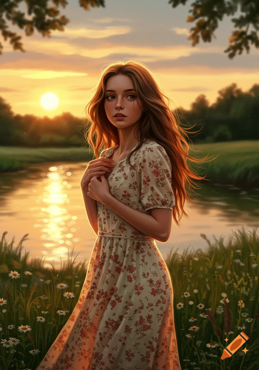 A young woman with long, flowing brown hair in a floral dress stands by a river at sunset, surrounded by wildflowers.