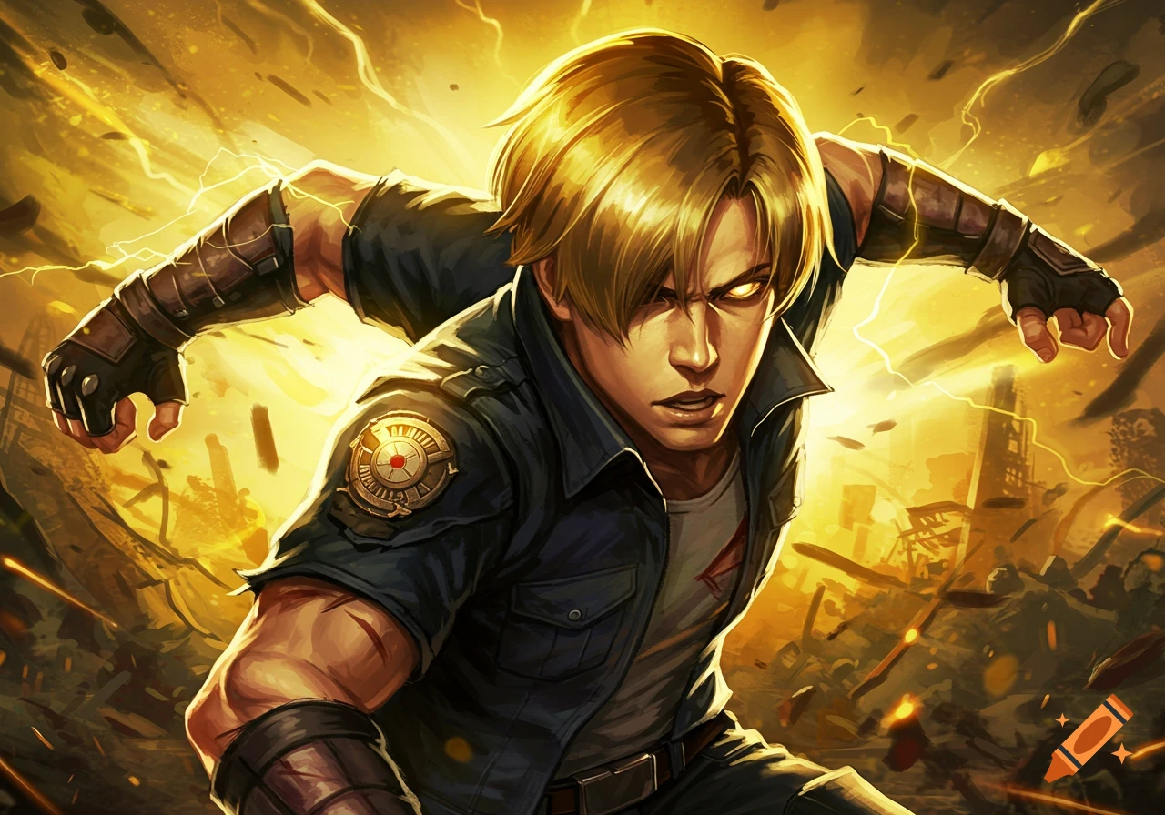 Anime-style man with blond hair and glowing eyes in a police shirt, surrounded by golden lightning and debris in an action pose.