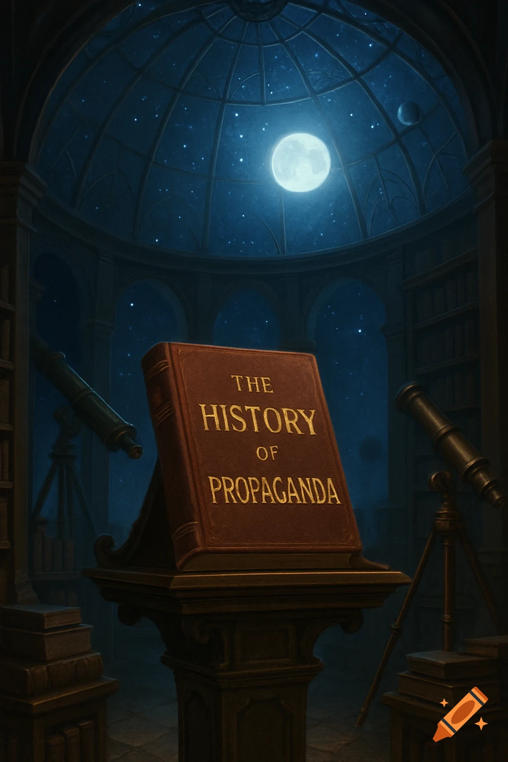 A large book titled 'The History of Propaganda' on a pedestal in an observatory with a domed ceiling revealing a starry night sky and a full moon.