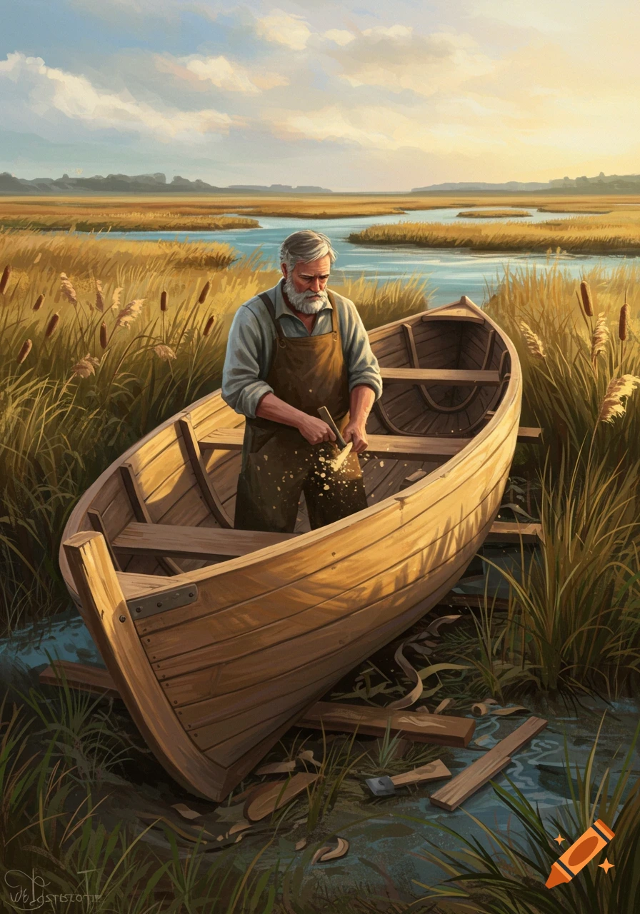 An old man in an apron works on building a wooden boat in a marshy landscape with tall grass and a winding river at sunset, painted style.