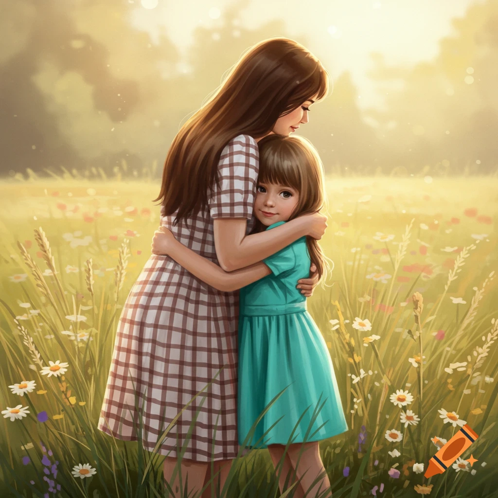 A woman in a checkered dress hugs a girl in a turquoise dress in a sunny field.