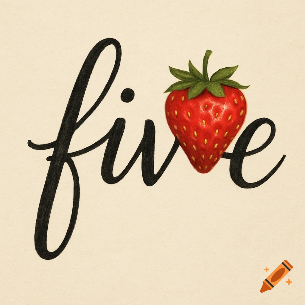 Cursive word 'five' with a realistic strawberry replacing the 'v' on a light background.