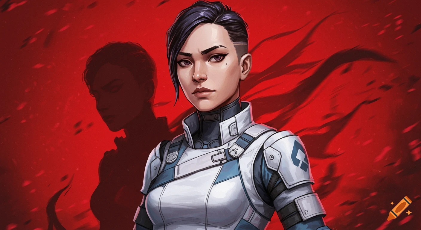 A stern woman with side-shaved dark hair and purple eyes in white and blue futuristic armor, against a swirling red background with a shadowy silhouette.