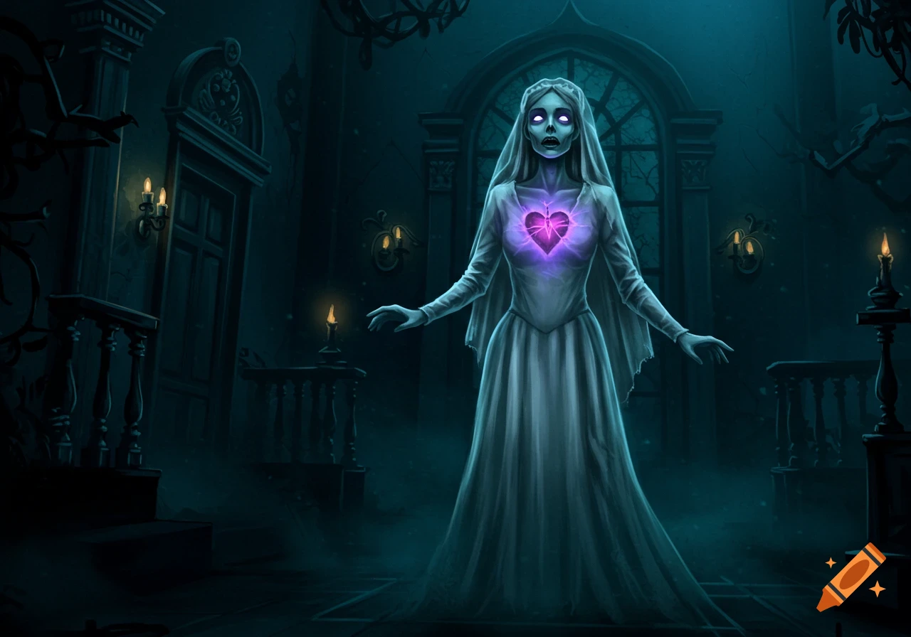 A ghostly bride with glowing eyes and a glowing heart stands in a dark, eerie haunted mansion.