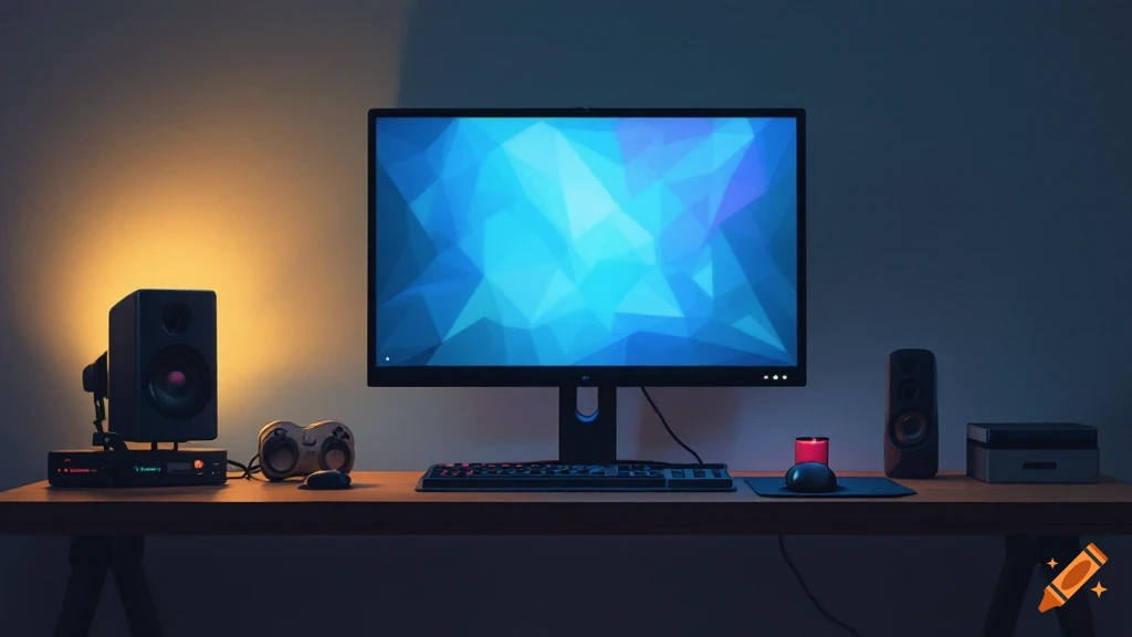A dimly lit gaming desk setup featuring a large monitor displaying a blue geometric pattern, a keyboard, mouse, two speakers, a game controller, and a red candle.