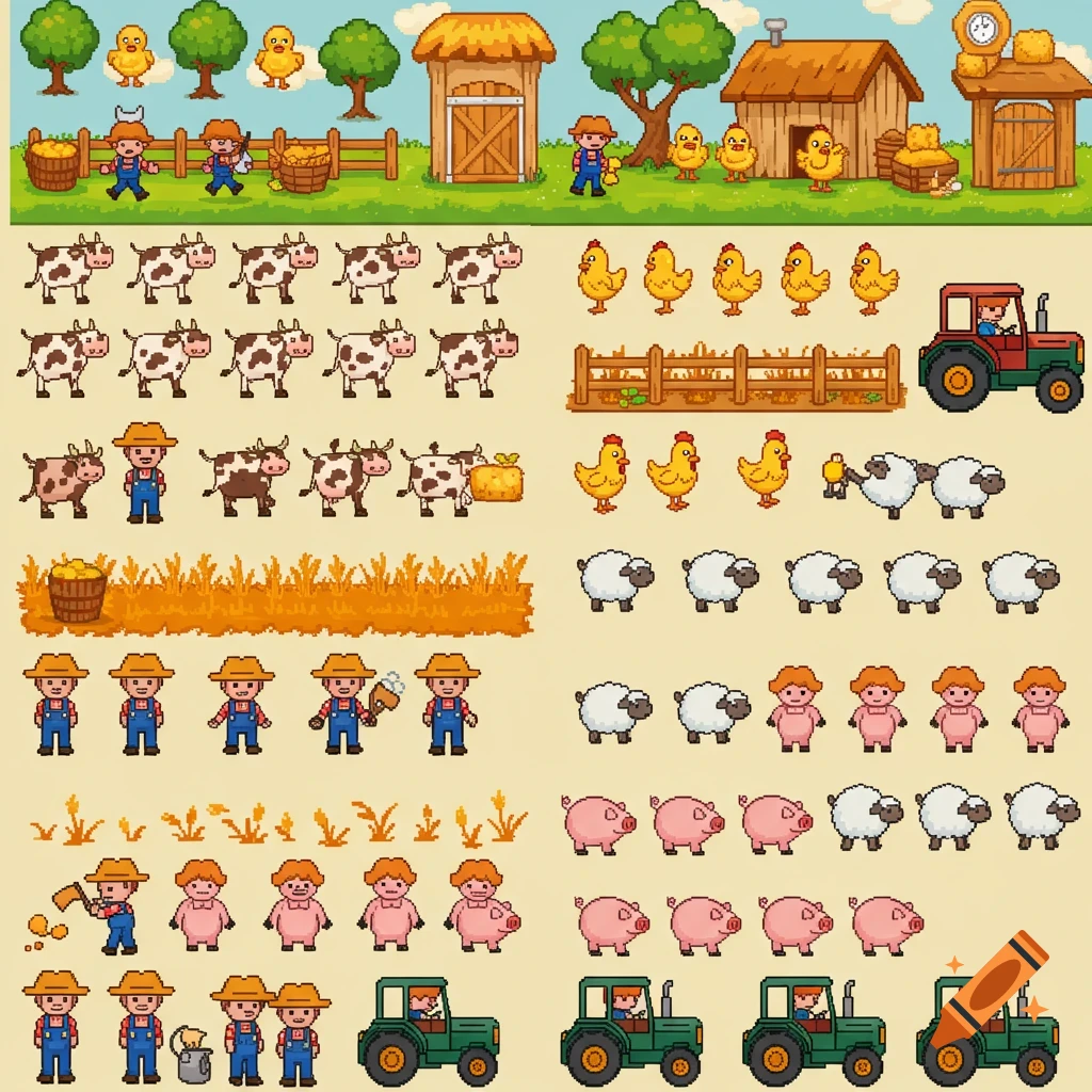 A pixel art spritesheet featuring farmers, cows, chickens, sheep, pigs, tractors, and farm buildings.