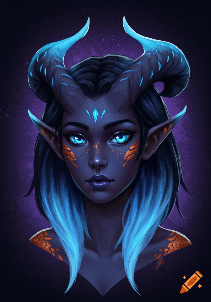 A close-up portrait of a Tiefling woman with dark blue skin, glowing blue eyes, dark horns fading to light blue, and bronze scales.