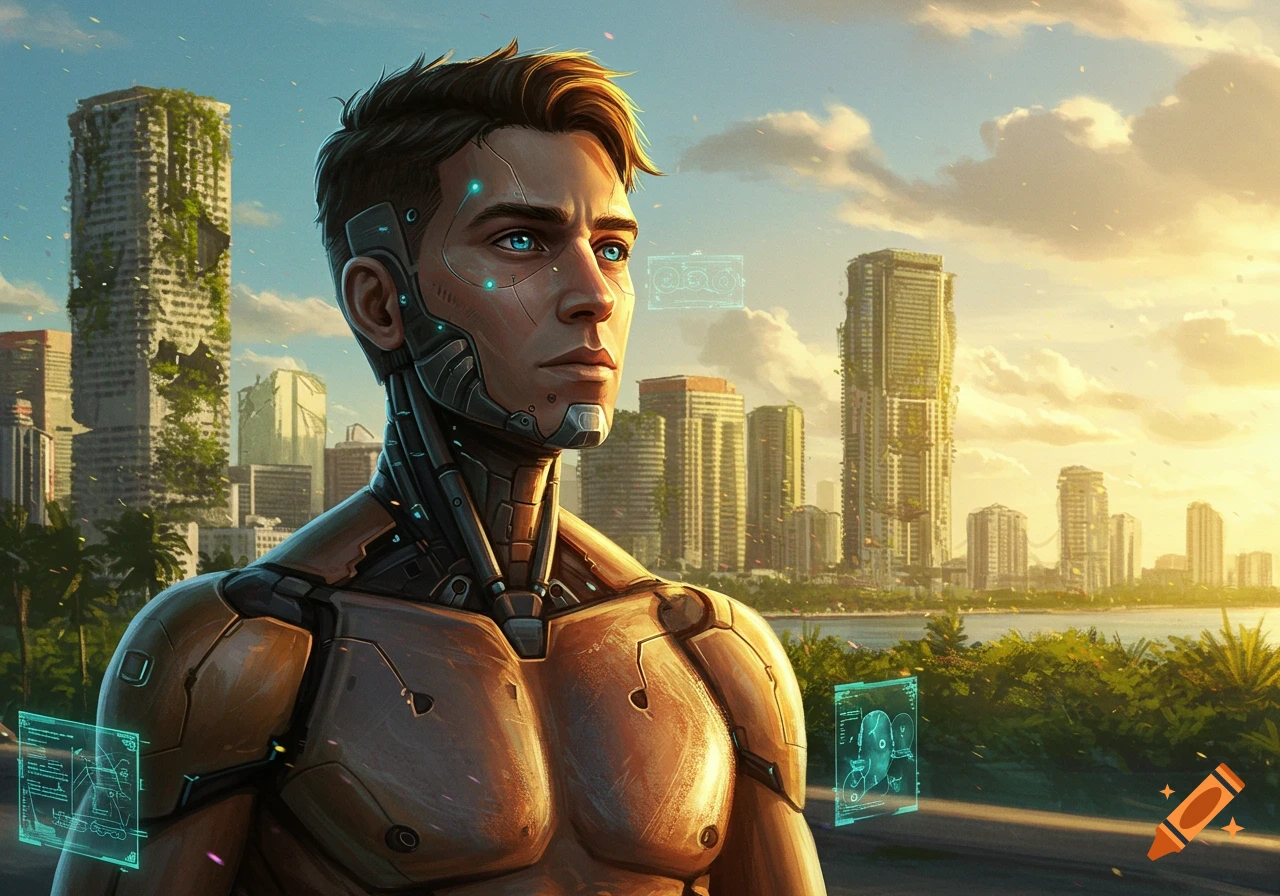 A cybernetically enhanced man with glowing blue eyes gazes across a futuristic, overgrown cityscape at sunset, digital painting.